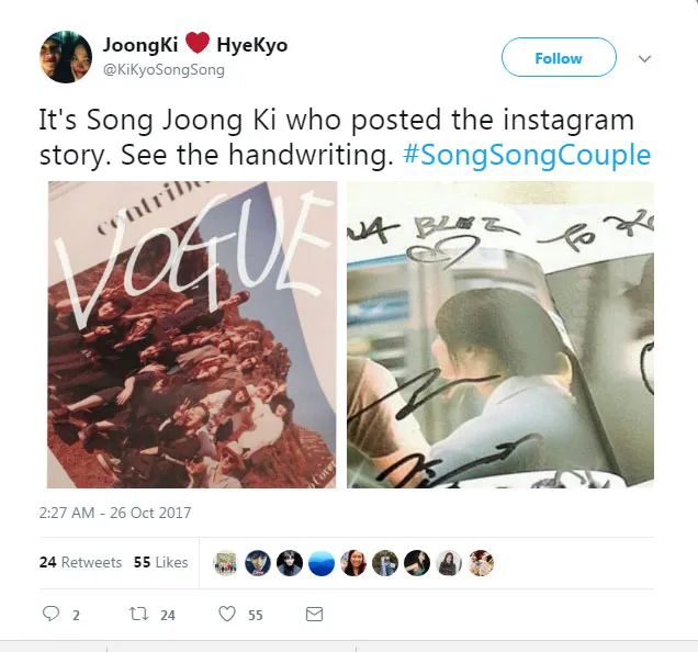 Fans mengunggah postingan Instagram Story Song Hye Kyo, yang diduga tulisan tangan Song Joong Ki. © Twitter/Kikyosongsong