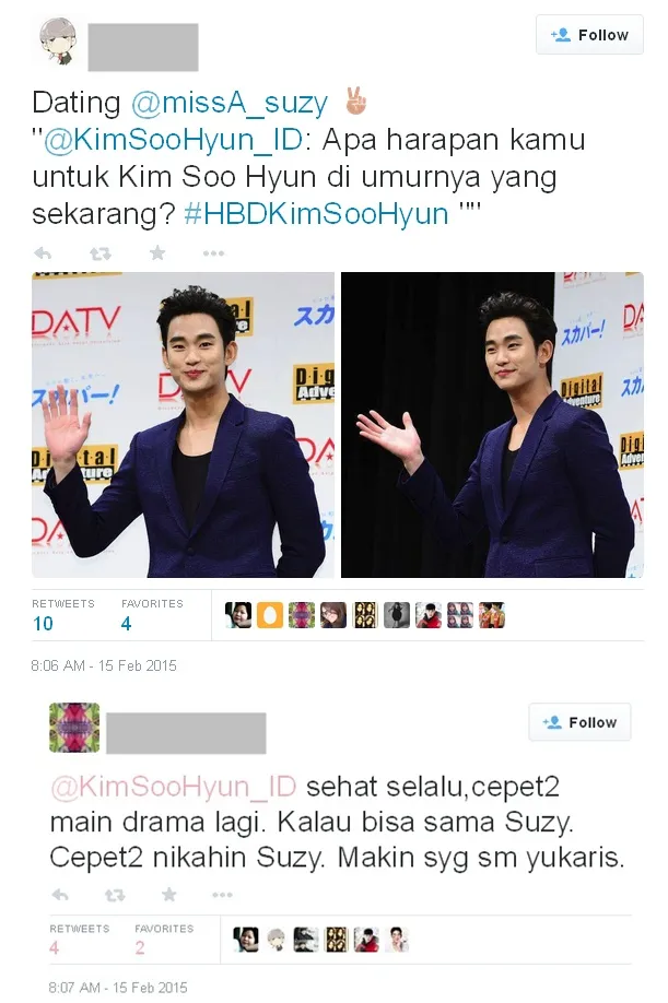 Fans Kim Soo Hyun mendoakan Kim Soo Hyun cepat nikah dengan Suzy Miss A © twitter.com/kimsoohyun_id