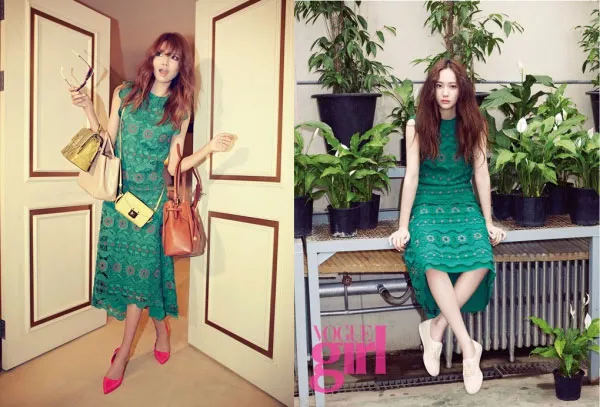 Sooyoung dan Krystal tampil berbeda walau dengan gaun yang sama. ©kpopstars.com.