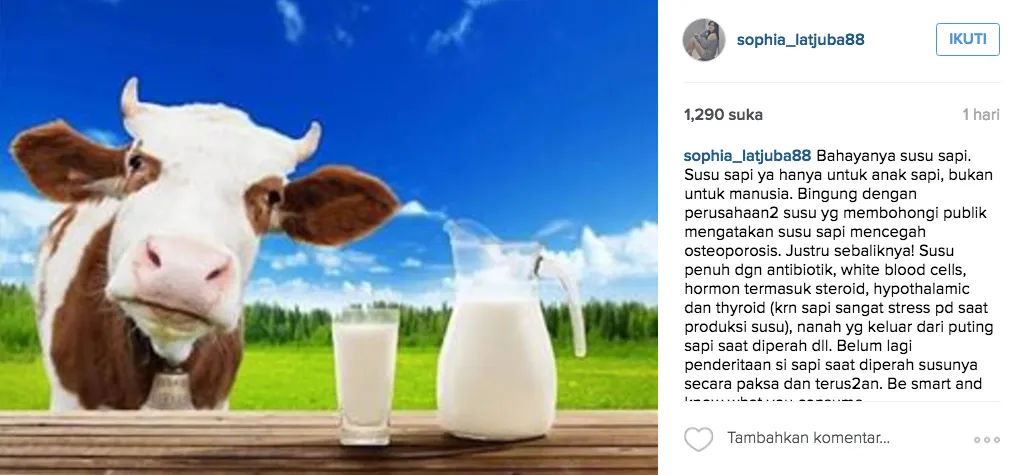 Sophia sebut susu sapi itu bahaya untuk manusia. Setuju? © Instagram/sophia_latjuba88