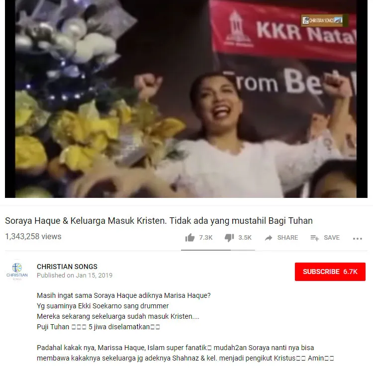 Video yang mengklaim Soraya Haque dan keluarga berpindah agama. © Youtube/CHRISTIAN SONGS