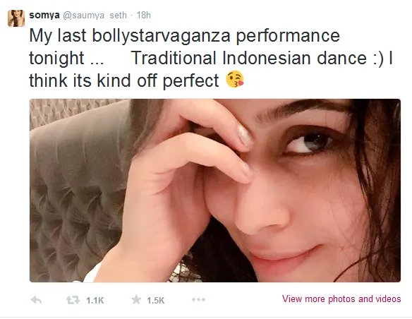 Soumya puas dengan penampilan terakhirnya di Bolly Starvaganza. @twitter/saumya_seth