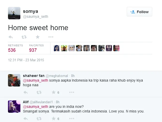 Soumya Seth sudah tiba di India. @twitter/saumya_seth