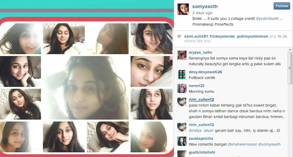 Soumya Seth tanpa make up, cantik bak bidadari. @instagram/somyaseth