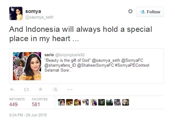 Soumya Seth selalu punya tempat untuk Indonesia di hatinya. @twitter/saumya_seth