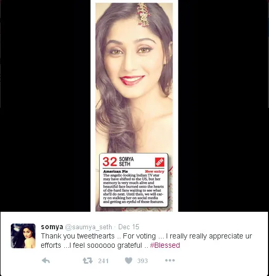Soumya Seth masuk posisi 32 dalam 50 Wanita Terseksi di Asia © Twitter.com/saumya_seth