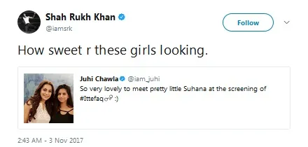 SRK puji Juhi dan Suhana dengan cara kocak ©twitter/iamsrk