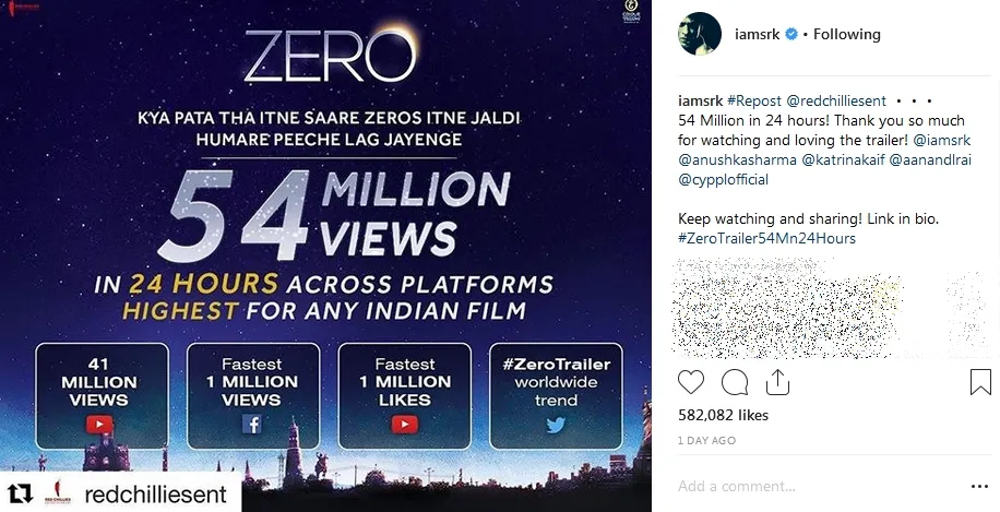 Film Shahrukh Khan pecahkan rekor penonton trailer dalam 24 jam ©instagram/iamsrk