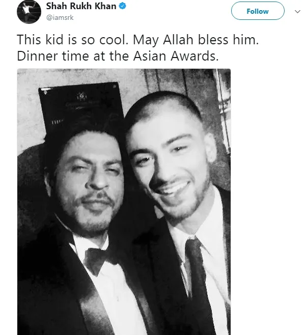 Pertemuan SRK dan Zayn tahun 2015 lalu mengubah pandangan sang penyanyi pada sang aktor ©twitter/iamsrk