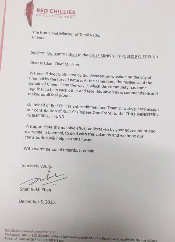 Surat Shahrukh tentang bantuan untuk korban banjir Chennai. ©pinkvilla