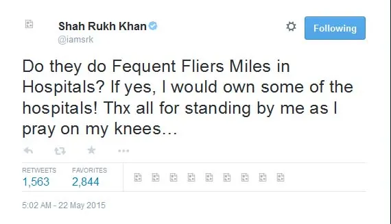 Shahrukh Khan berterima kasih atas doa fansnya. @twitter/iamsrk