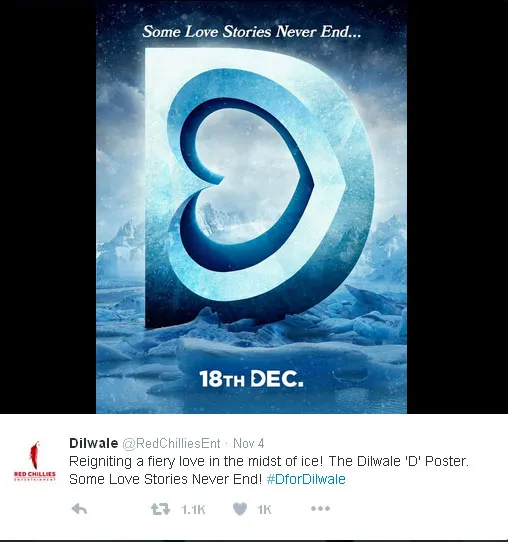 Ini dia poster pertama film 'DILWALE' © Twitter.com/RedChilliesEnt