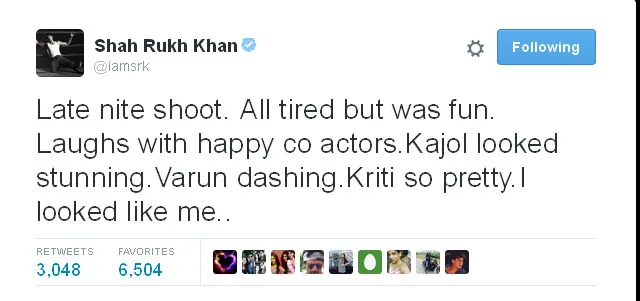 SRK memuji penampilan Kajol di lokasi syuting © Twitter.com/iamsrk