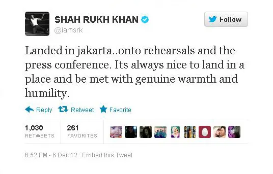 Twit Shahrukh Khan saat mendarat di Indonesia