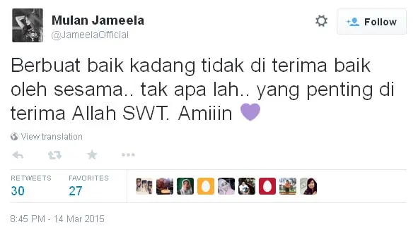 Inilah status Twitter Mulan Yang kembali menuai komentar pedas para haters ©twitter.com/JameelaOfficial