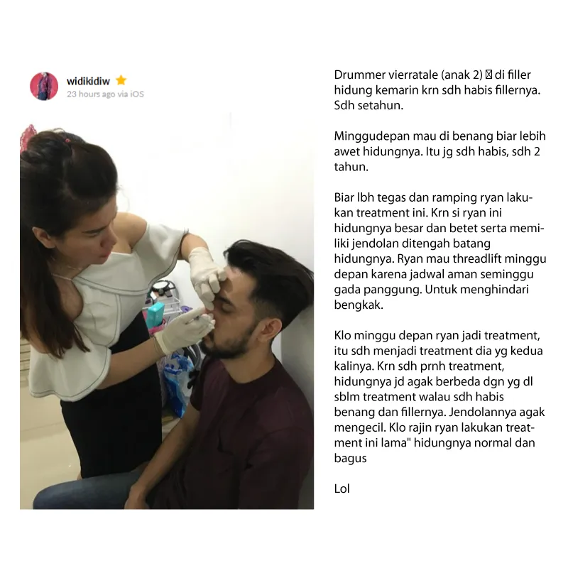 Postingan Widi yang memotret Ryan sang drummer sedang difiller hidungnya.