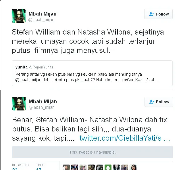 Mbah Mijan benarkan Stefan William dan Natasha Wilona sudah putus © Twitter.com/mbah_mijan