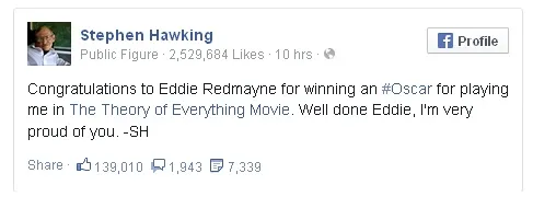 Ucapan selamat dari Stephen Hawking © Stephen Hawking Facebook