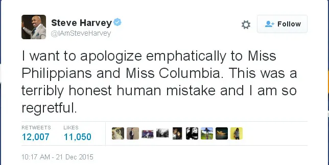 Steve Harvey minta maaf secara resmi karena salah menyebutkan pemenang Miss Universe 2015. ©Twitter/@IAmSteveHarvey