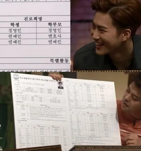 Suho saat memamerkan rapornya saat SMP. ©soompi.com