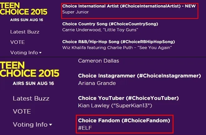 Super Junior dan ELF menangkan nominasi Teen Choice Award 2015. ©koreaboo.com 