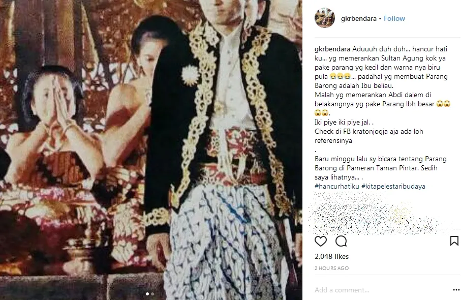 Batik yang dikenakan oleh pemeran Sultan Agung kurang tepat ©instagram/gkrbendara