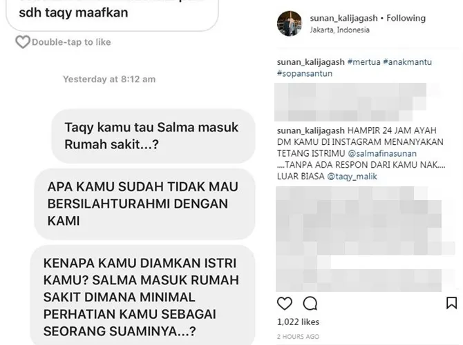 Menurut Sunan, Taqy tidak menanyakan kondisi sang putri dan menghilang tak ada kabar selama 24 jam. Credit: Instagram/sunan_kalijagash