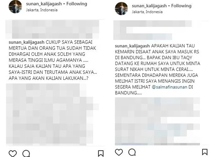 Sunan pun membenarkan isu perceraian yang terjadi antara Taqy Malik dan Salmafina. Credit: Instagram/sunan_kalijagash
