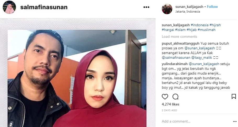 Salmafina putri Sunan Kalijaga memilih berhijrah dalam kehidupannya. Cr: instagram.com/sunan_kalijagash 