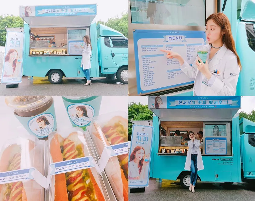 Lee Sung Kyung saat mendapat kiriman food truck dari Laneige. ©Instagram/heybiblee
