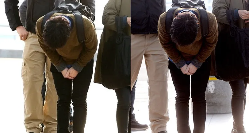 Sungmin Super Junior membungkuk 90 derajat di hadapan fans saat di bandara @koreaboo.com