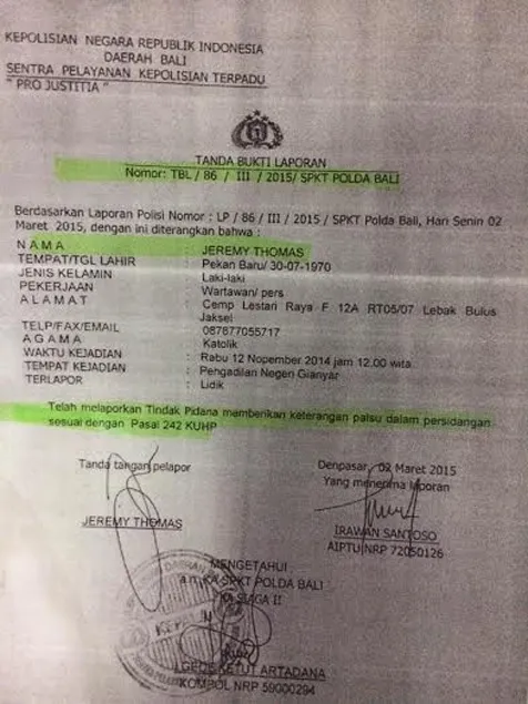 Surat Keterangan Jeremy Thomas melaporkan Ara Alexander ©KapanLagi.com/Mathias Purwanto
