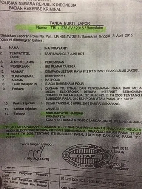 Surat Laporan Ina terhadap Ara Alexander ©KapanLagi.com/Mathias Purwanto