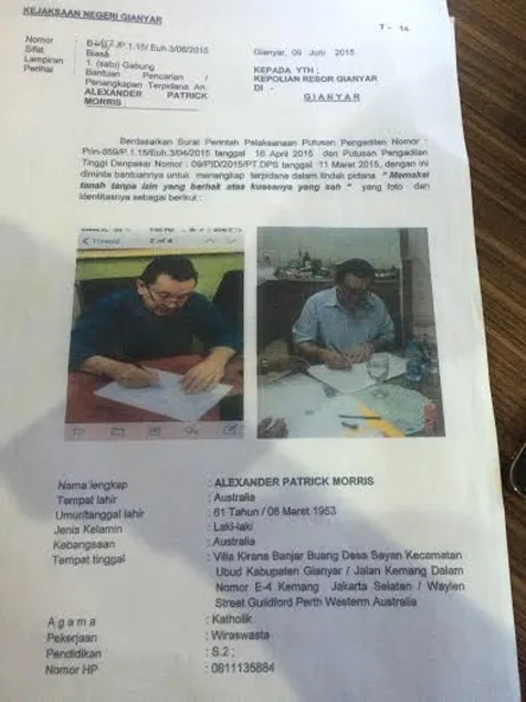 Surat perintah dari Kejaksaan Negeri Gianyar pada Resor Gianyar untuk penangkapan Alexander Patrick Morris ©KapanLagi.com/Mathias Purwanto