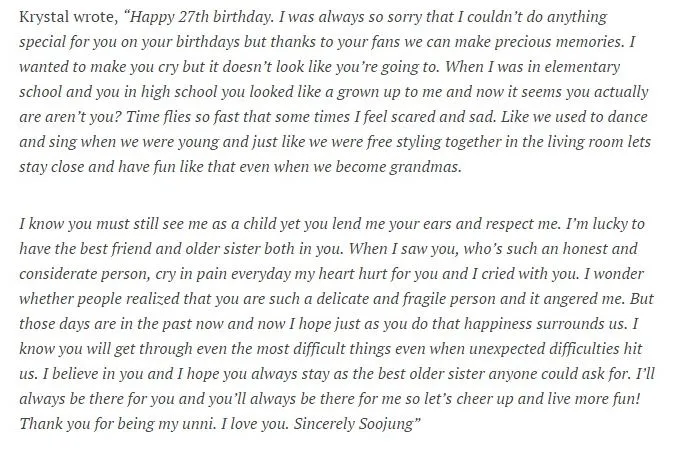 Isi surat Soojung atau dikenal dengan Krystal f(x) yang buat Jessica mewek. koreaboo.com