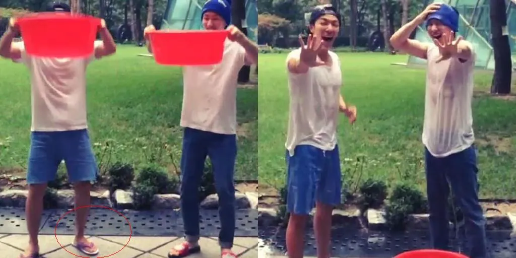 Donghae dengan sandal yang mirip dengan sandal swallow berwarna ungu. ©leedonghae