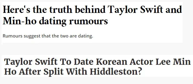 Artikel di beberapa situs internasional soal rumor Lee Min Ho dan Taylor Swift © allkpop.com