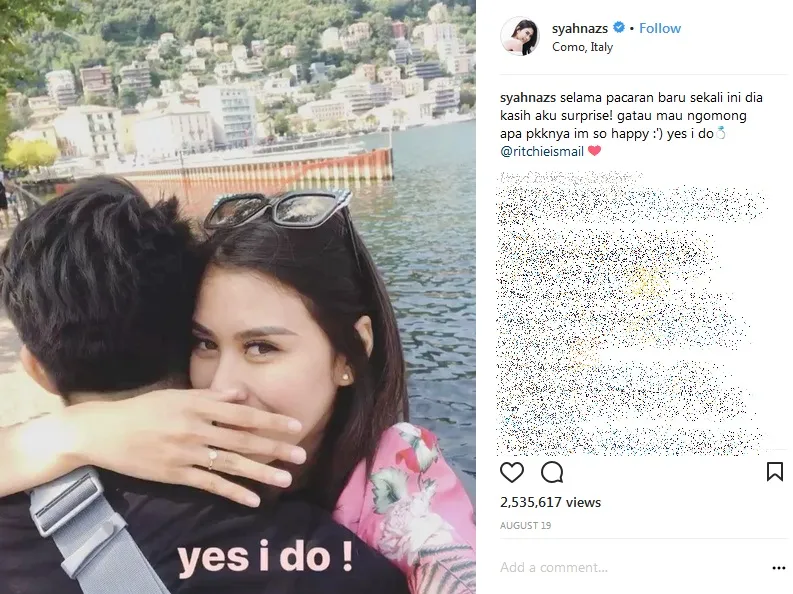 Syahnaz dapat kejutan dilamar oleh Jeje saat liburan bareng di Italia! /©instagram.com/syahnazs