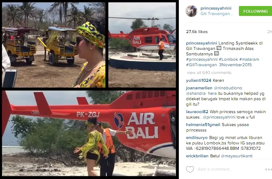 Syahrini ke Pulau Gili naik helikopter khusus. ©instagram/princessyahrini