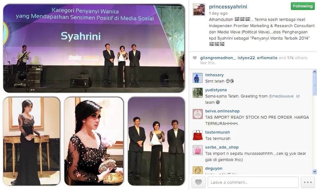 Syahrini unggah foto dan mengucapkan terimakasih atas penghargaan yang diterimanya. / Syahrini Official Instagram.