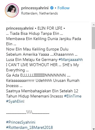 Caption Syahrini menunjukkan betapa ia tak bisa hidup tanpa Elin (credit: instagram.com/princessyahrini)