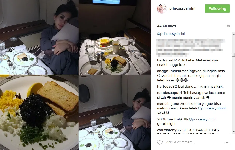 Syahrini makan caviar di jet pribadi © Instagram/princessyahrini