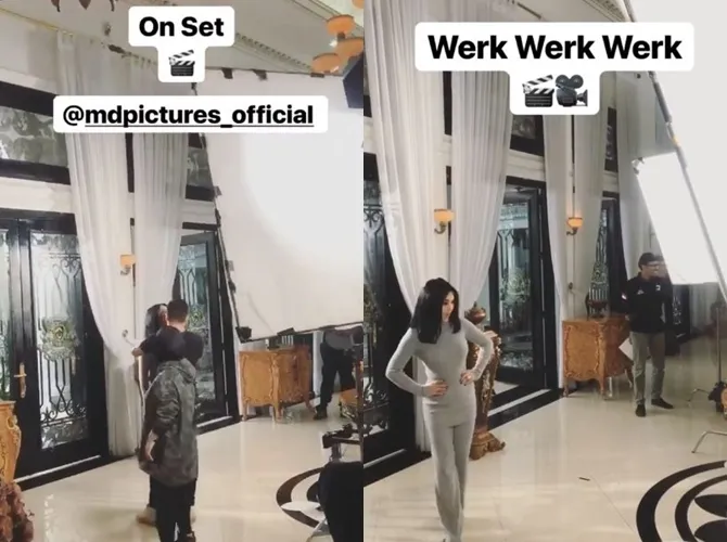 Aksi Syahrini saat menjalani proses syuting. © Instagram/princessyahrini