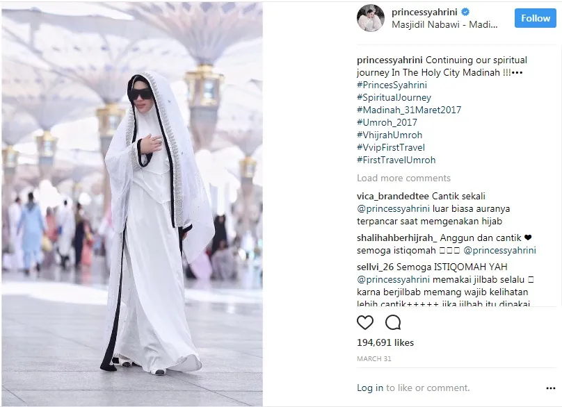 Foto Syahrini saat menjalani ibadah umrah dengan fasilitas VVIP First Travel. 姆nstagram.com/princessyahrini