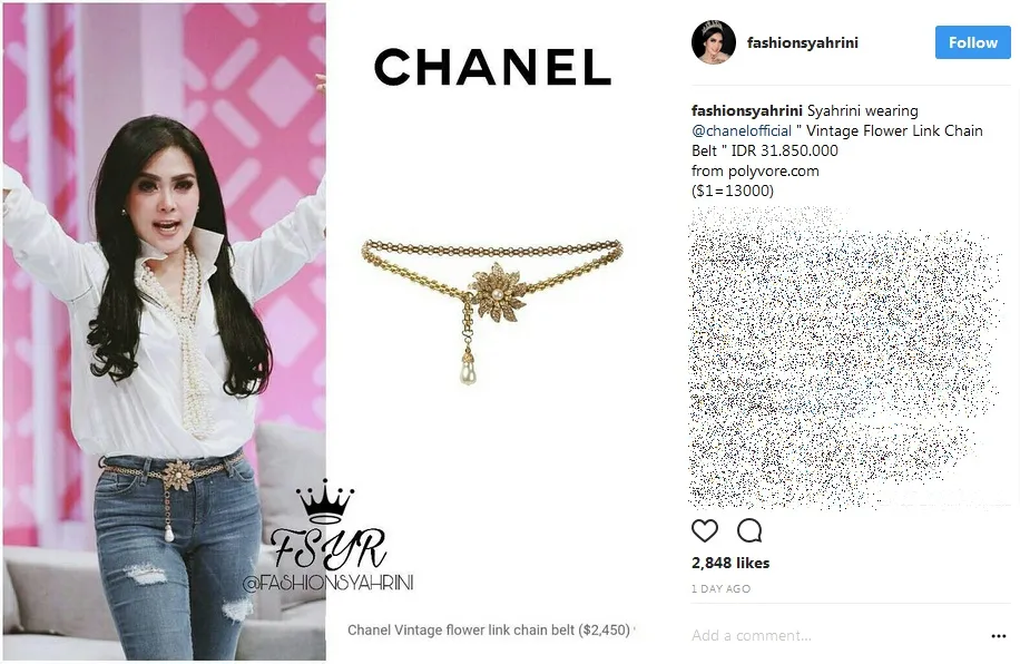 Syahrini kedapatan mengenakan sebuah sabuk dengan harga puluhan juta. /©instagram.com/fashionsyahrini