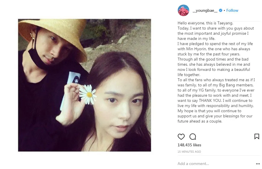 Taeyang Big Bang umumkan kabar pernikahannya dengan Min Hyo Rin. - Instagram/__youngbae__