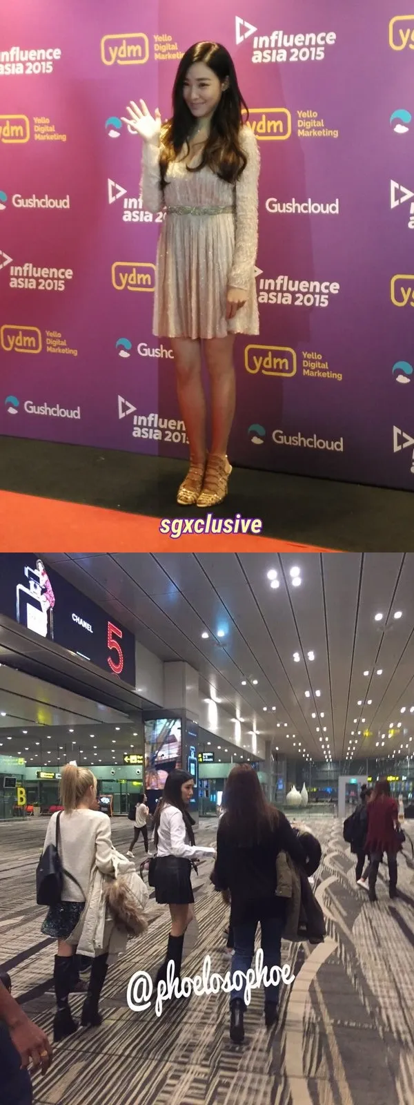 (Atas) Tiffany saat red carpet InfluenceAsia 2015 hari ini (7/12) dan member TaeTiSeo saat terbang ke Singapura. © credit as tagged