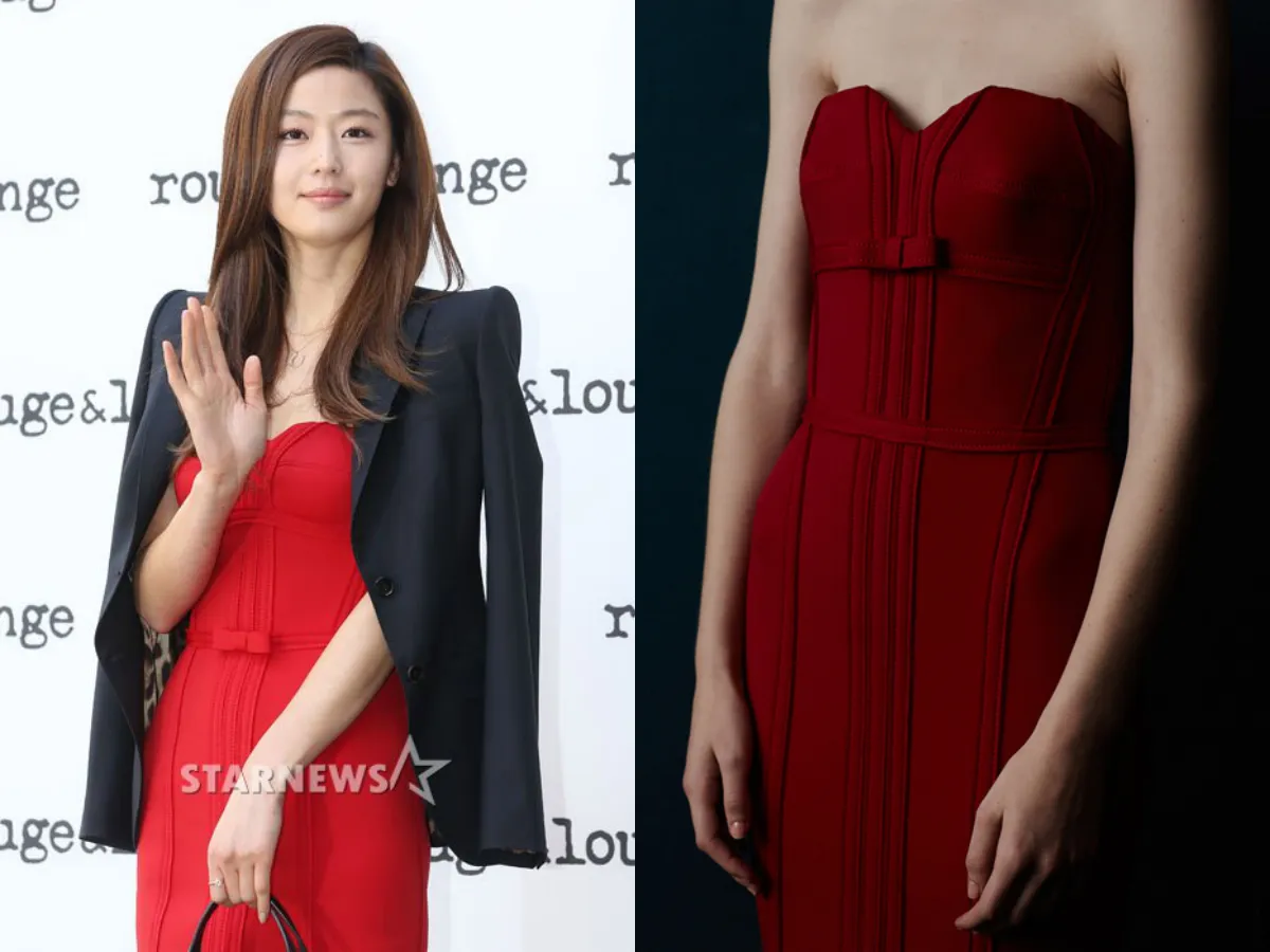 Jun Ji Hyun memakai gaun merah dengan blazer hitam, seperti style Chun Song Yi perannya dalam Man From The Stars @soompi.com