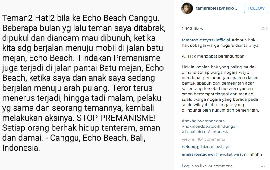 Tamara memposting tulisan temannya diancam di bunuh saat berada di Echo Beach, Canggu. ©instagram.com/tamarableszynskiofficial