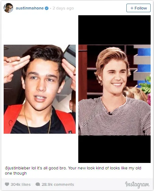 Austin Mahone tampar balik Justin Bieber © Instagram/Austin Mahone